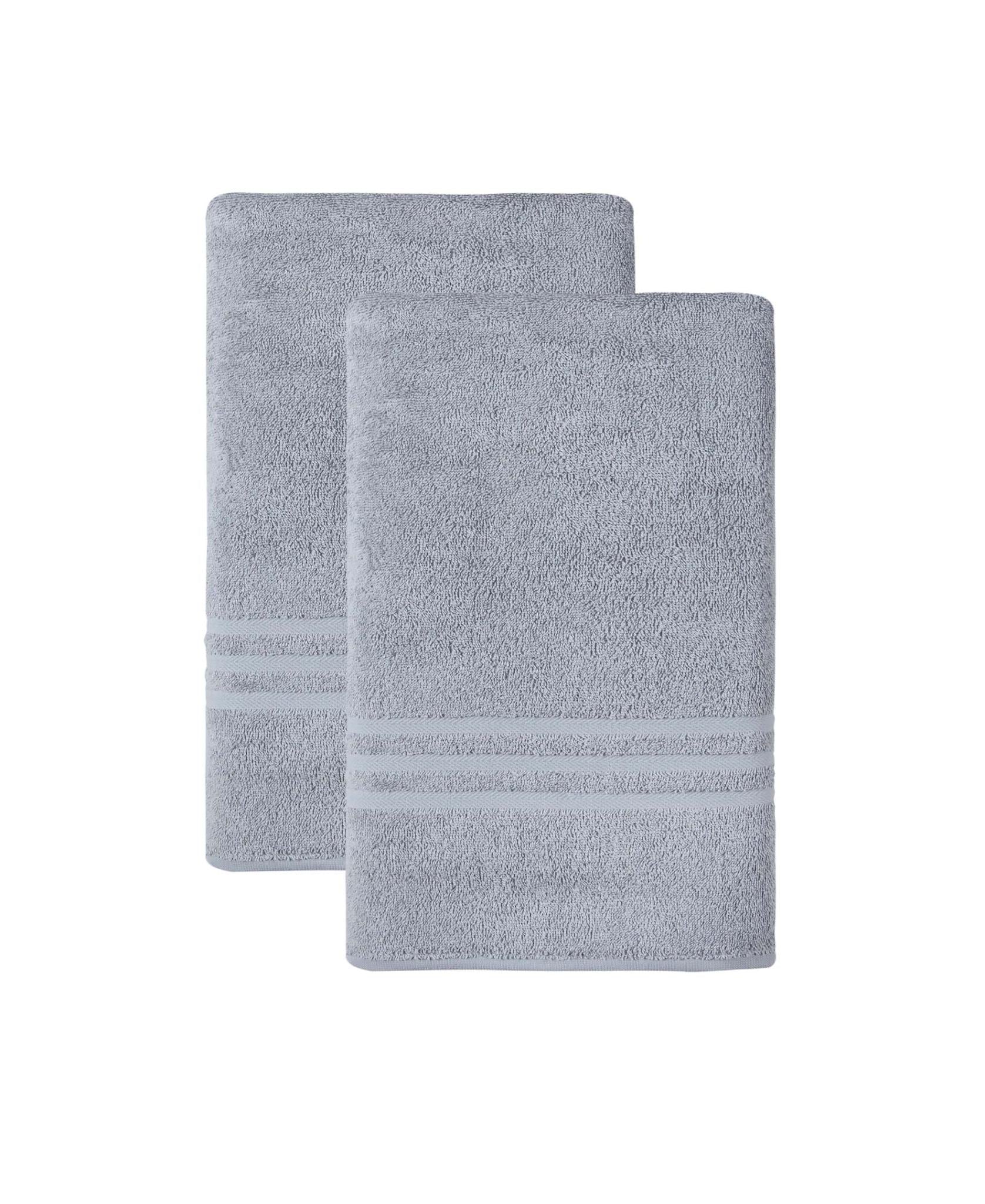 Light gray Turkish cotton bath sheet set of two, folded towels with striped border