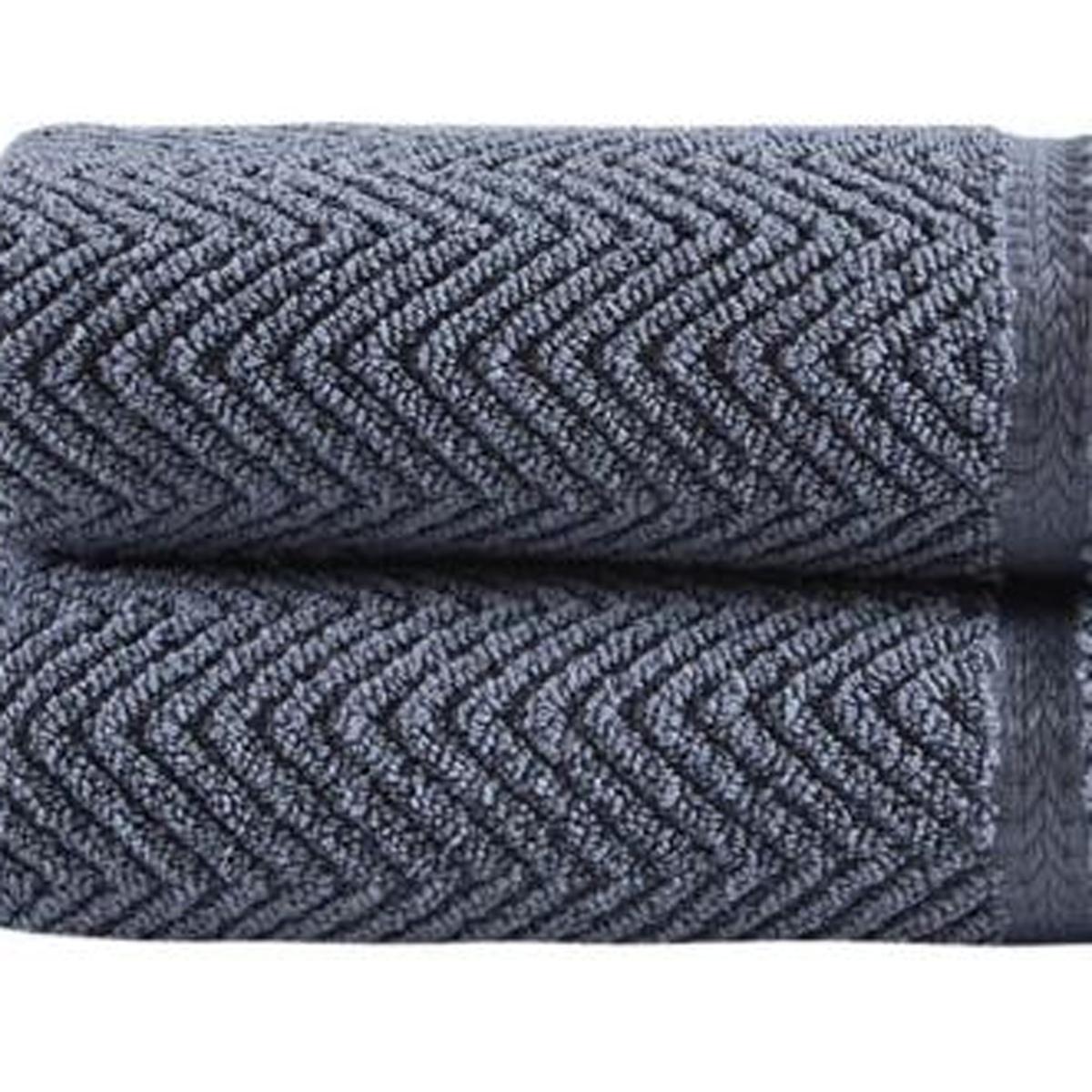 Set of two dark gray chevron Turkish cotton hand towels with stitched edge, close-up