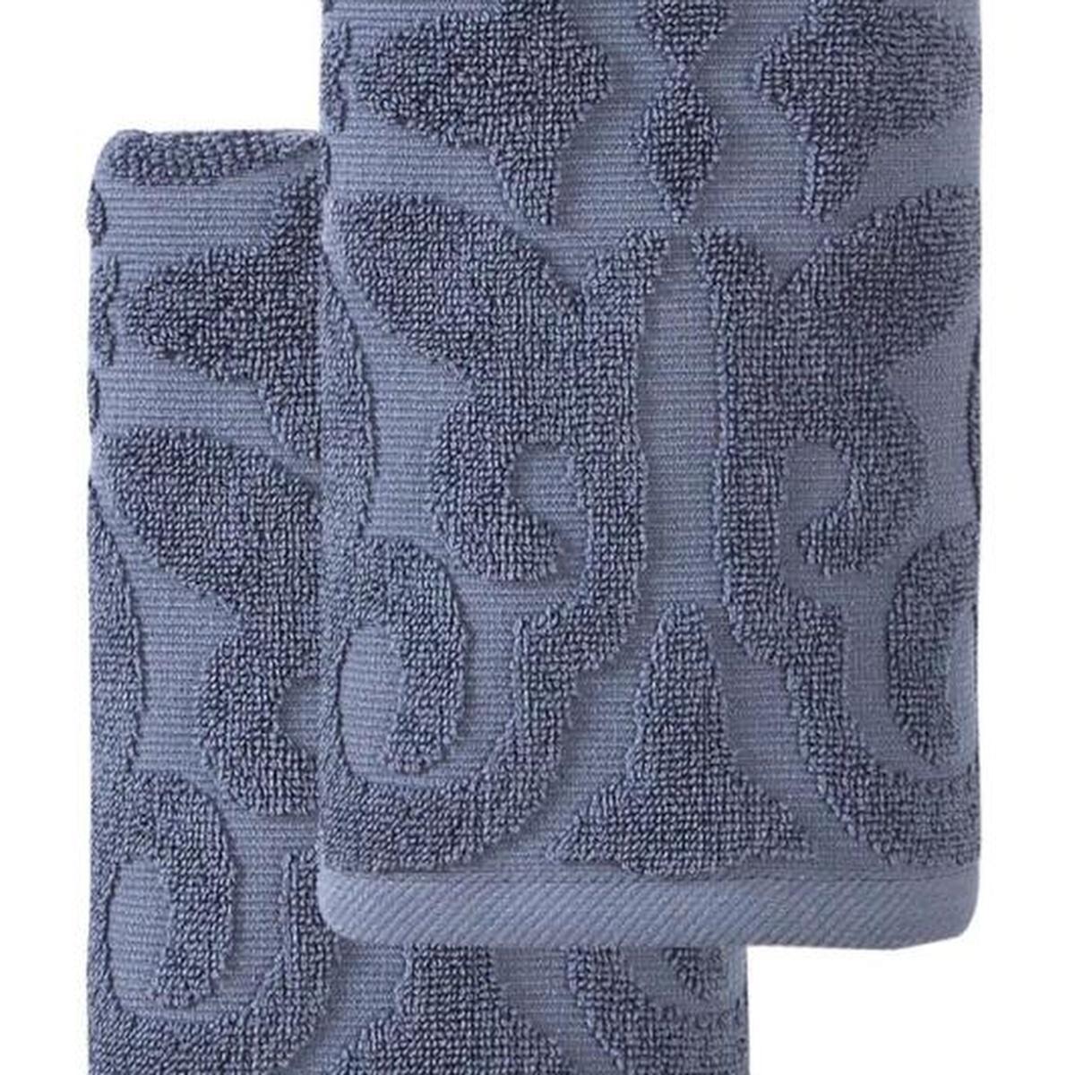 Navy blue floral Turkish cotton hand towel, pattern detail on loop texture