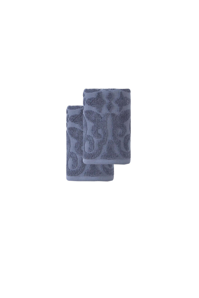Set of two navy blue floral Turkish cotton hand towels, 16x30 in, folded