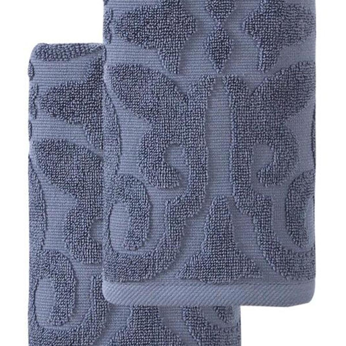 Navy blue floral Turkish cotton hand towel, textured loop pile, folded corner