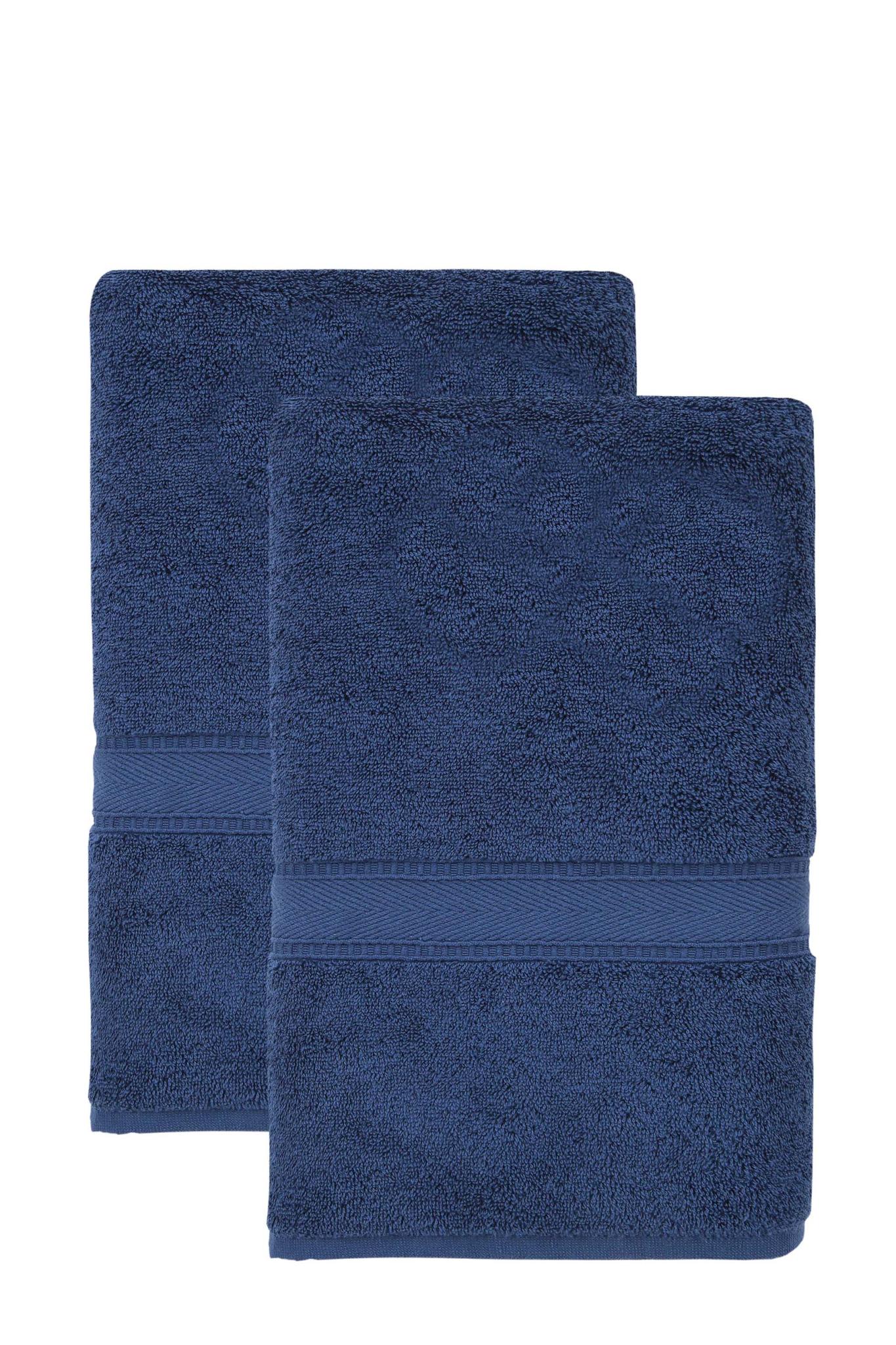 Set of two navy bath sheets, two folded towels with textured looped fabric