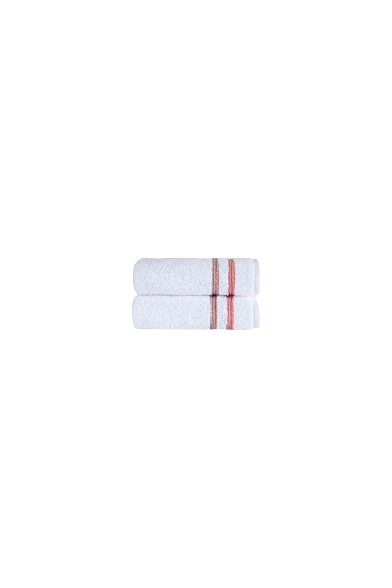 Set of two Turkish cotton hand towels, white with terracotta striped bands, folded