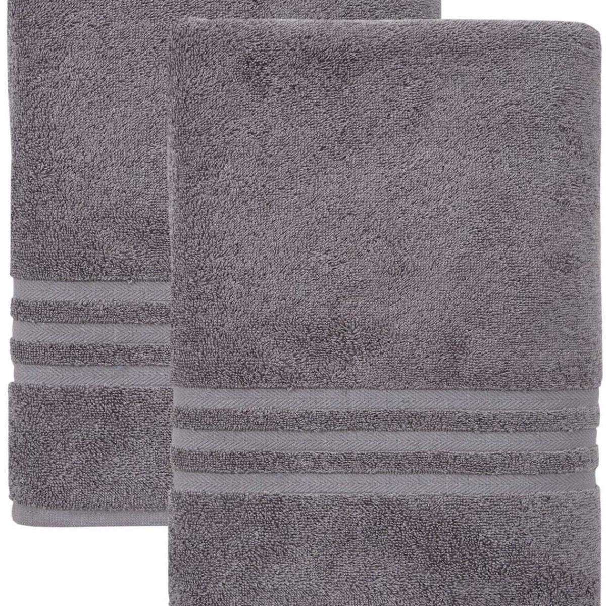 Set of two dark gray bath towels with striped bands, folded