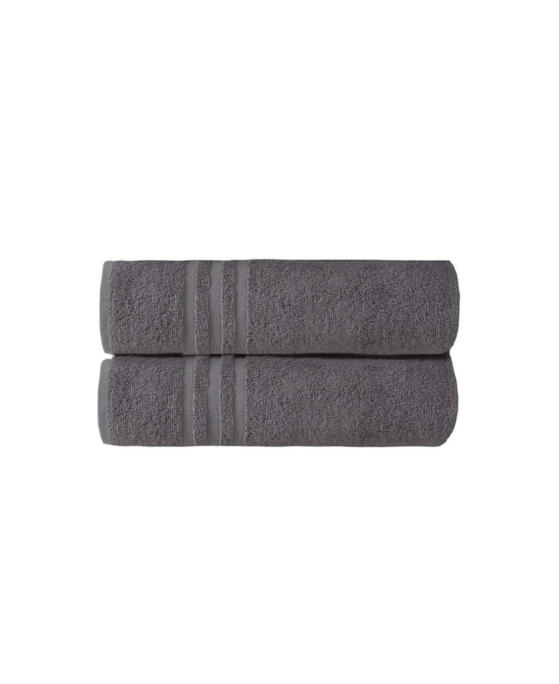 Set of two dark gray bath towels, rolled with center striped bands