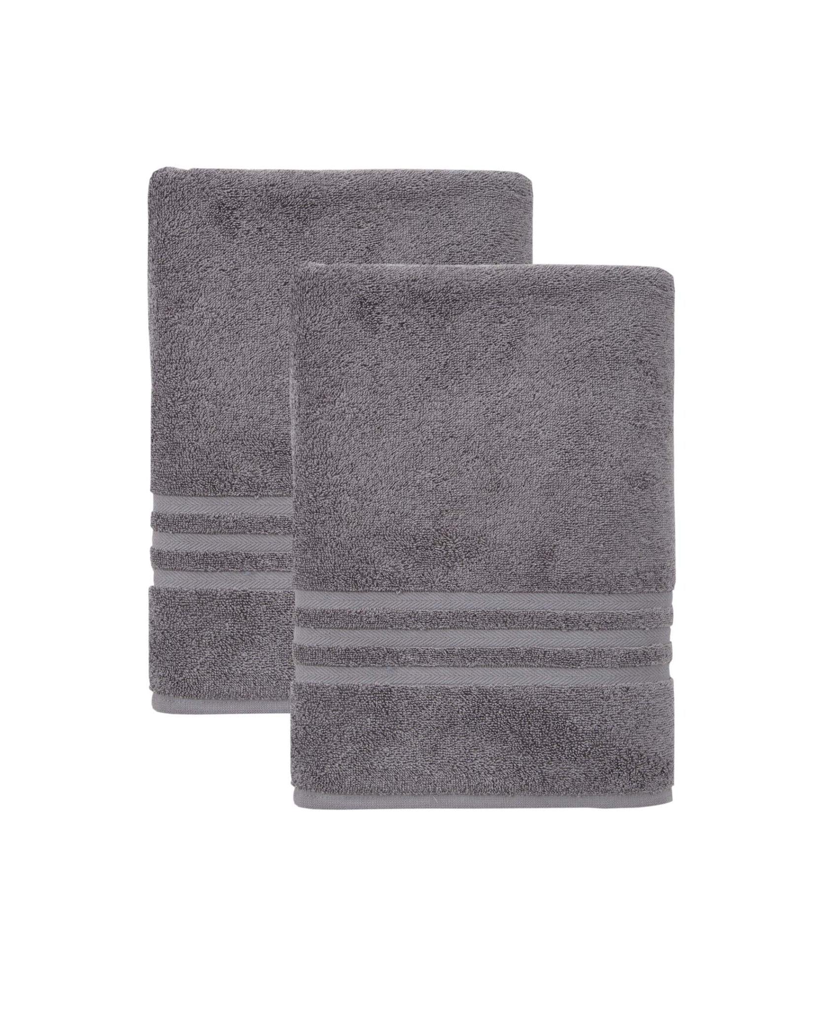 Set of two dark gray bath towels with striped trim, folded stack