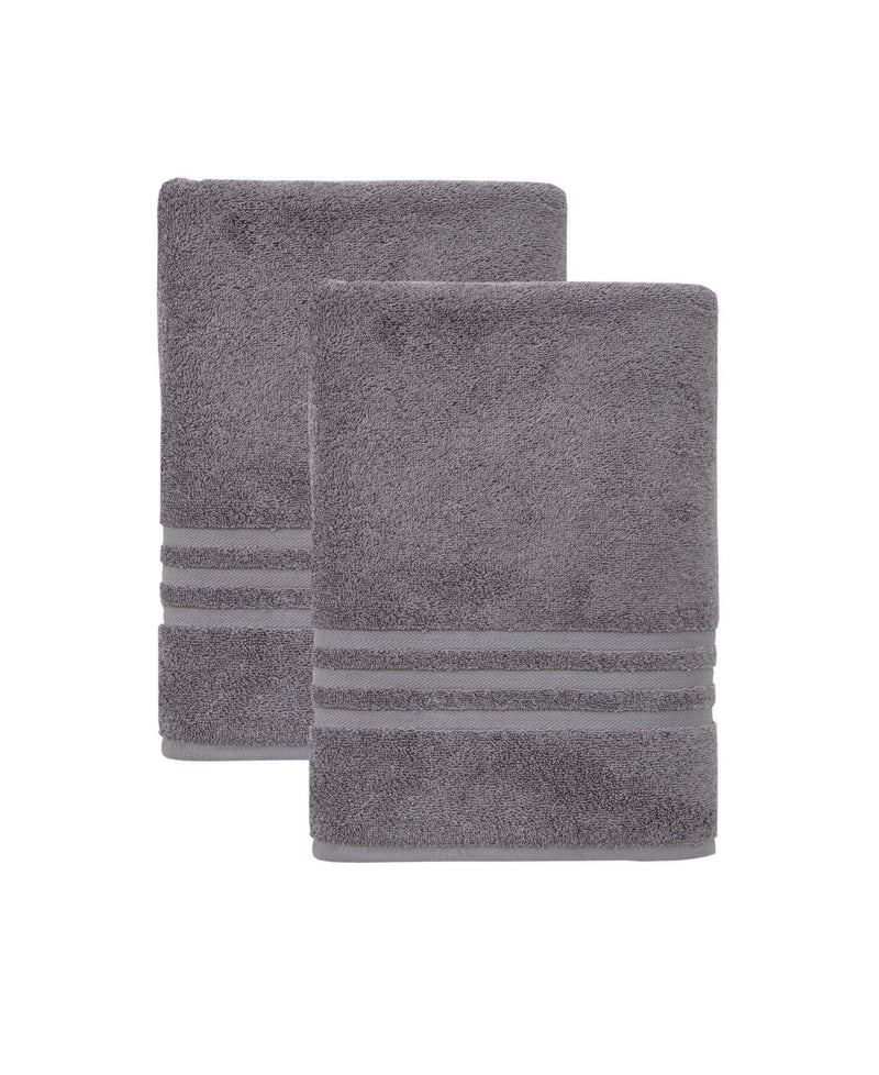 Set of two dark gray bath towels with striped trim, folded stack