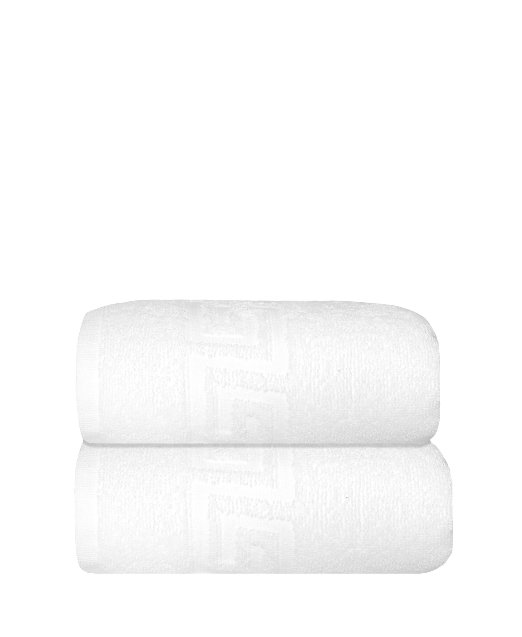Set of two white Turkish cotton hand towels, folded with Greek key trim