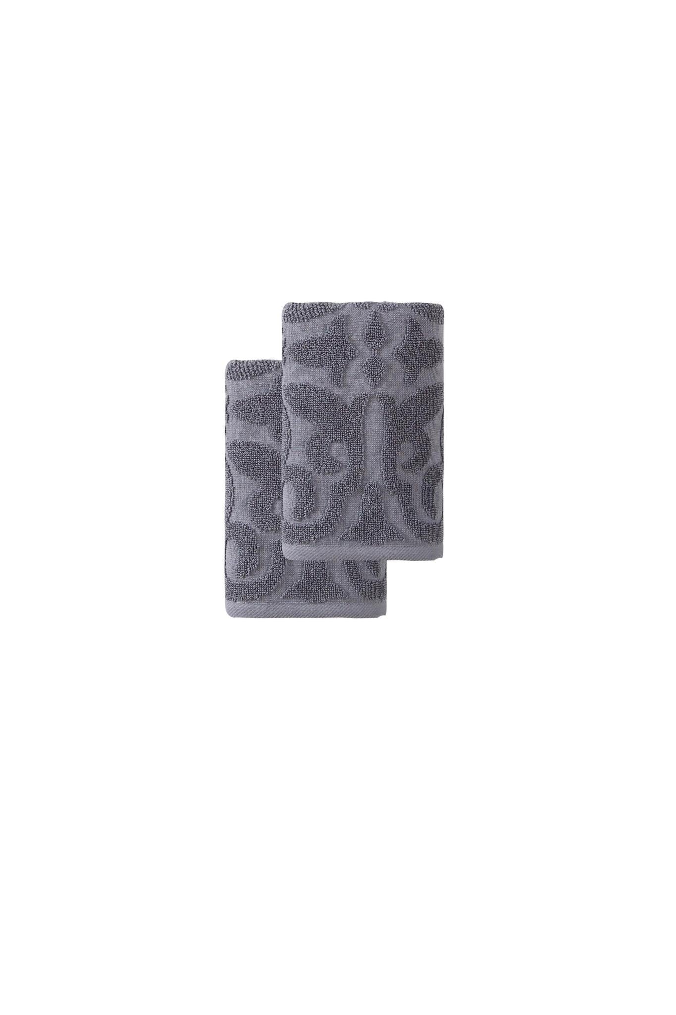Set of two dark gray floral hand towels, folded with terry loops and embossed pattern