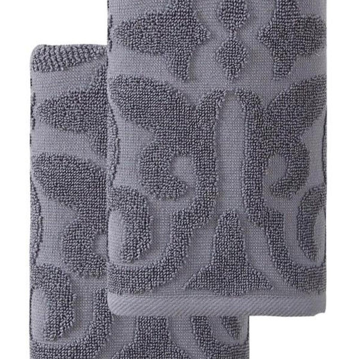 Set of two dark gray floral hand towels, terry loops with large geometric floral motif