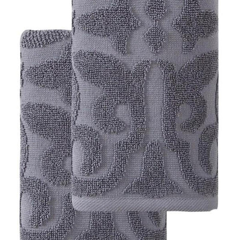 Set of two dark gray floral hand towels, terry loops with large geometric floral motif