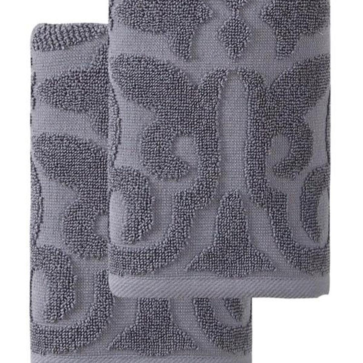 Set of two dark gray floral Turkish cotton hand towels, terry texture with woven pattern