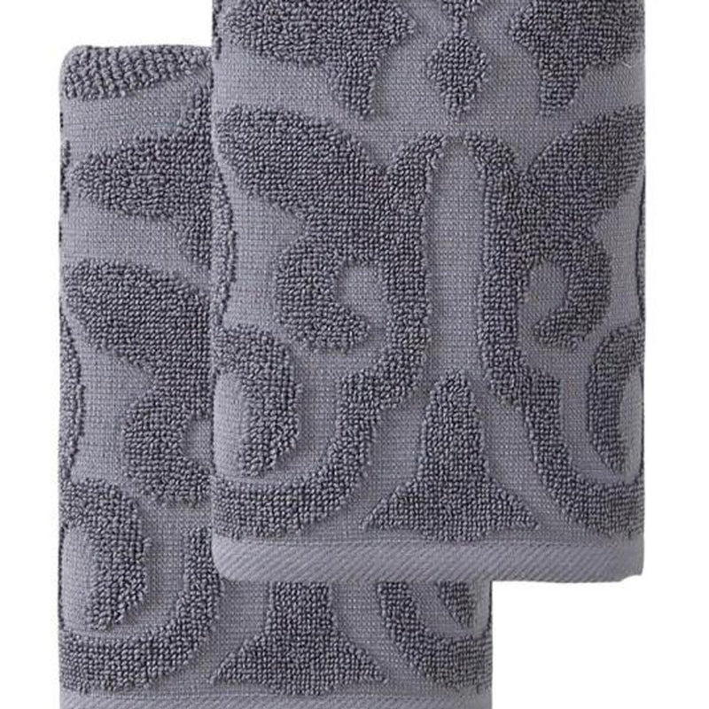 Set of two dark gray floral Turkish cotton hand towels, terry texture with woven pattern