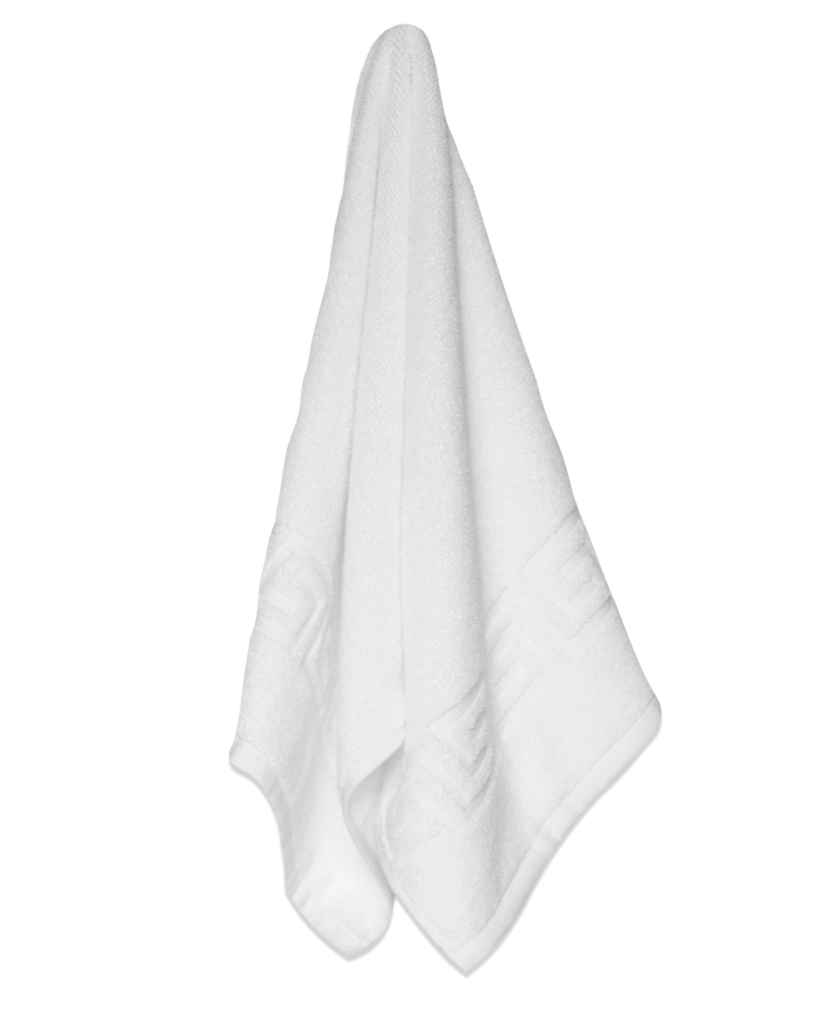 White Turkish cotton hand towel, folded, with Greek key border pattern