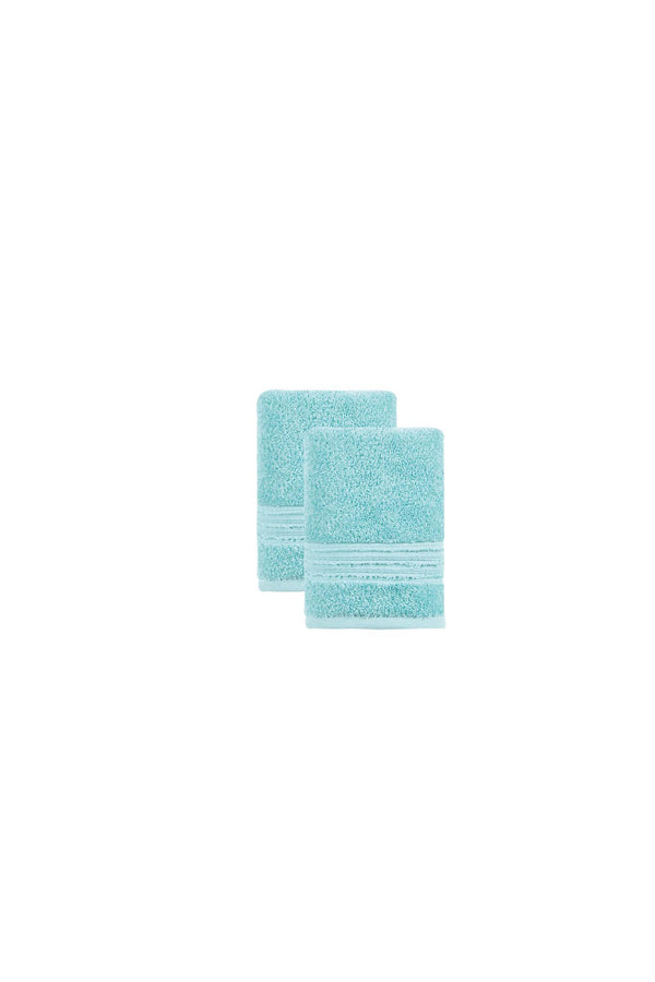 Set of two aqua Turkish hand towels, folded, textured terry loops.