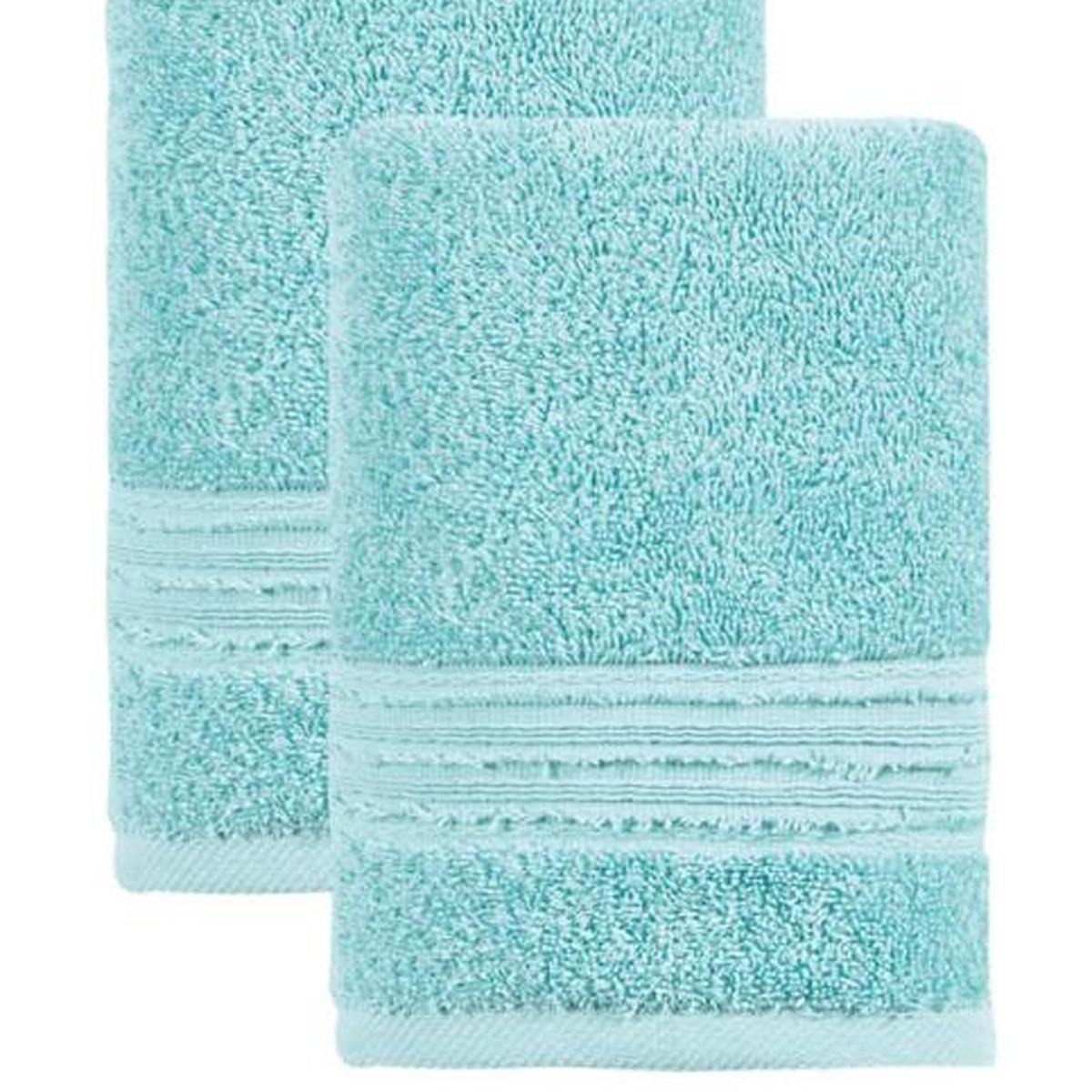 Turkish hand towel set of two, aqua terry texture with stitched edges.