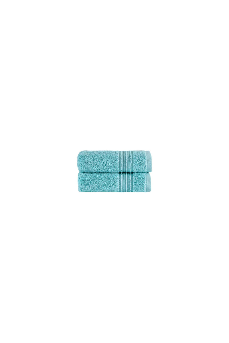 Aqua hand towel set of two folded together, plush terry loops, no pattern.