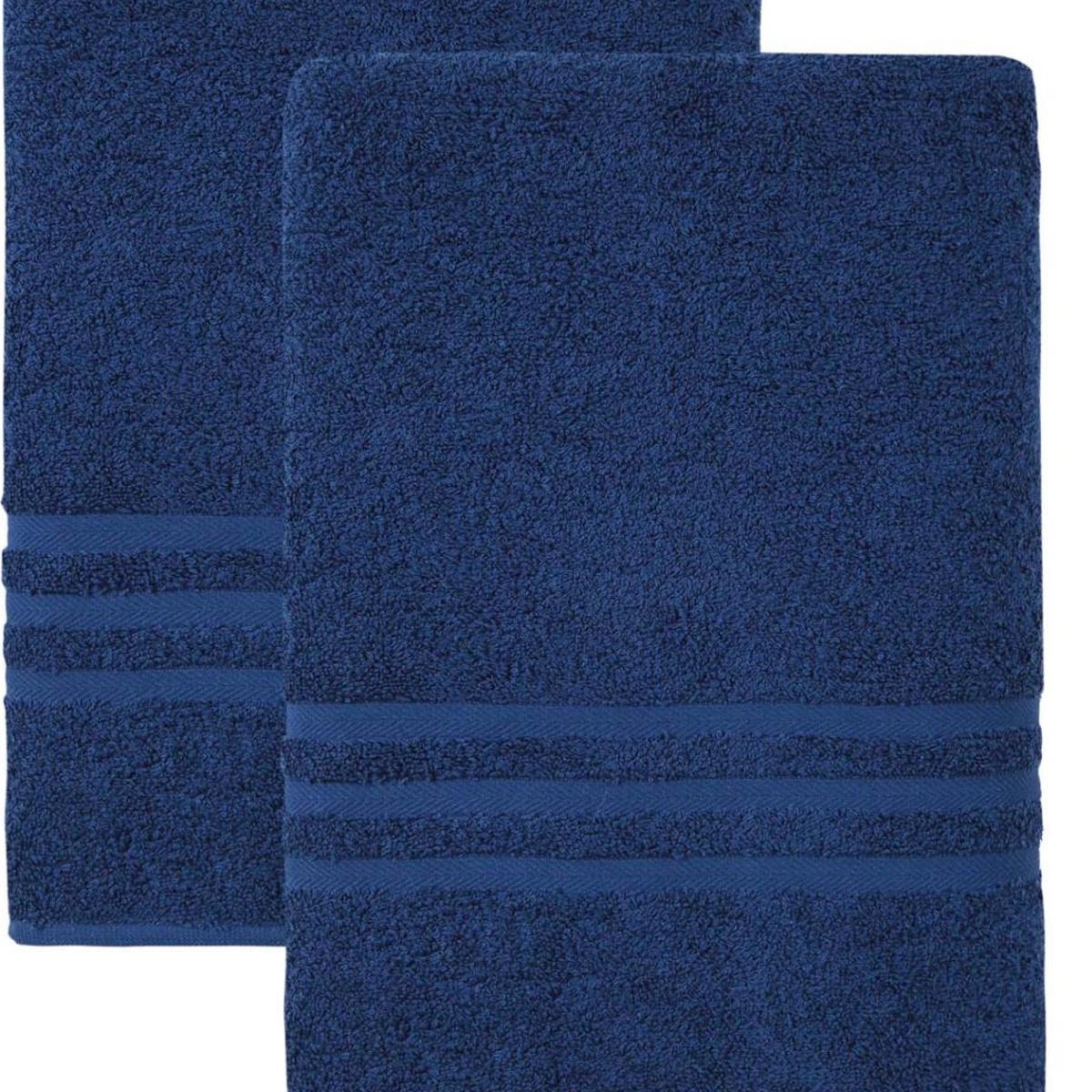 Navy bath towel set of two with horizontal band, plush Turkish cotton loops