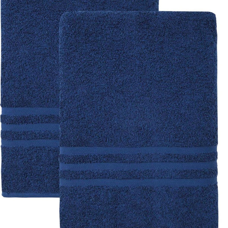 Navy bath towel set of two with horizontal band, plush Turkish cotton loops