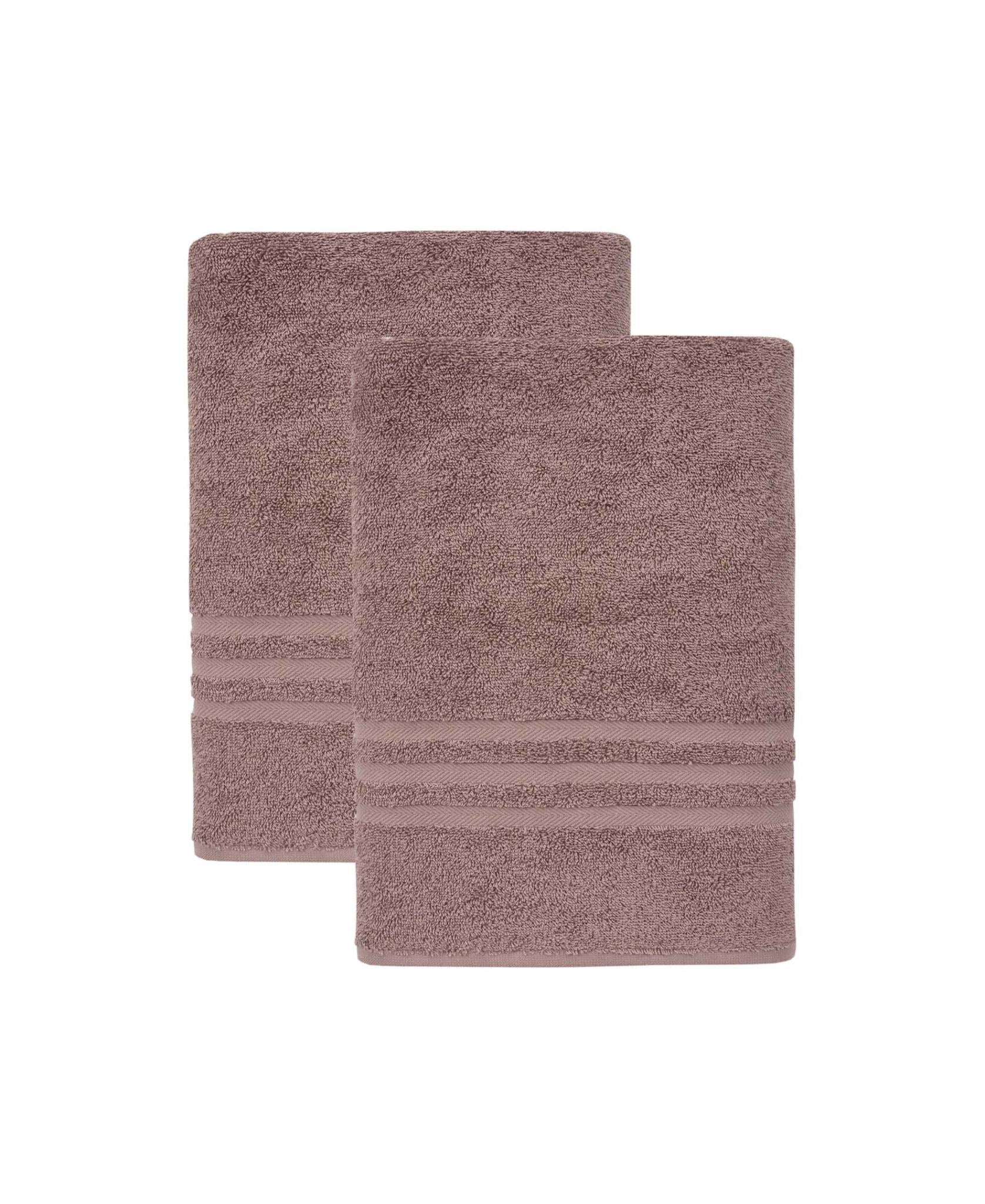 Set of two brown bath towels with terry texture and horizontal striped borders