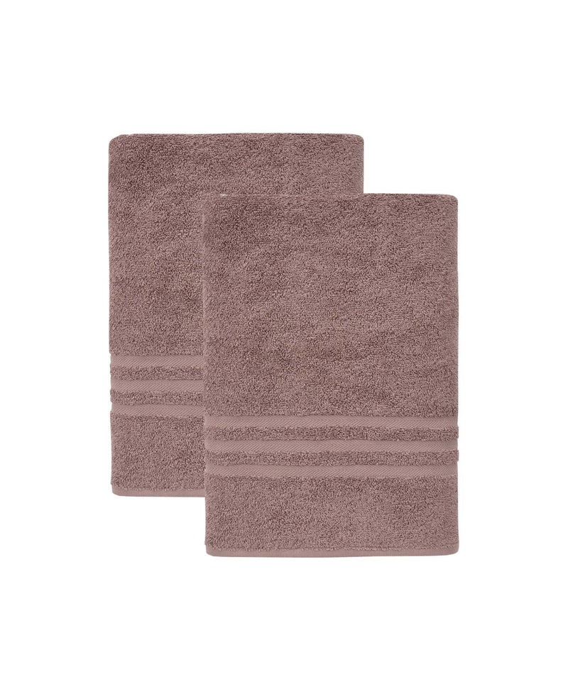 Set of two brown bath towels with terry texture and horizontal striped borders