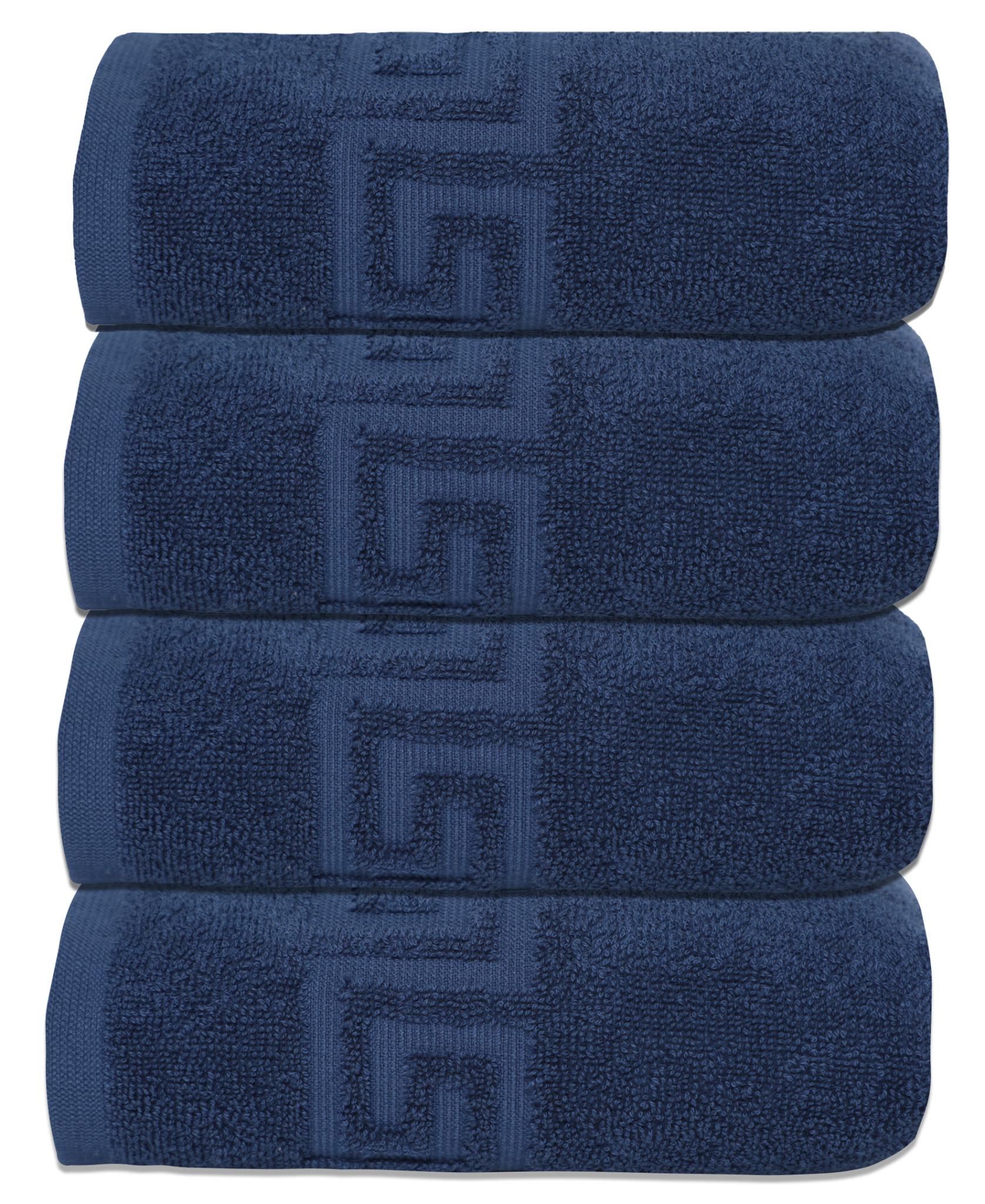 Navy Turkish cotton hand towel set of four with raised Greek key medallion stripe