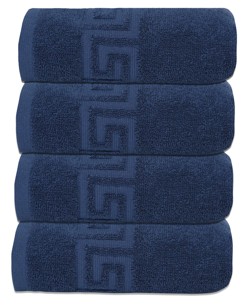 Navy Turkish cotton hand towel set of four with raised Greek key medallion stripe