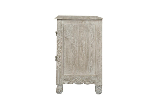 Distressed gray wooden nightstand with carved floral panel and two drawers, square top.