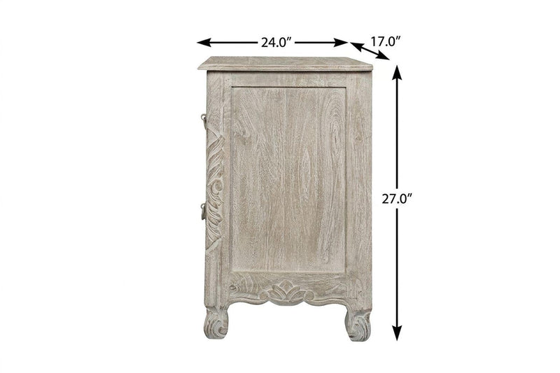Distressed gray square nightstand with carved front; size diagram shows 27" high.