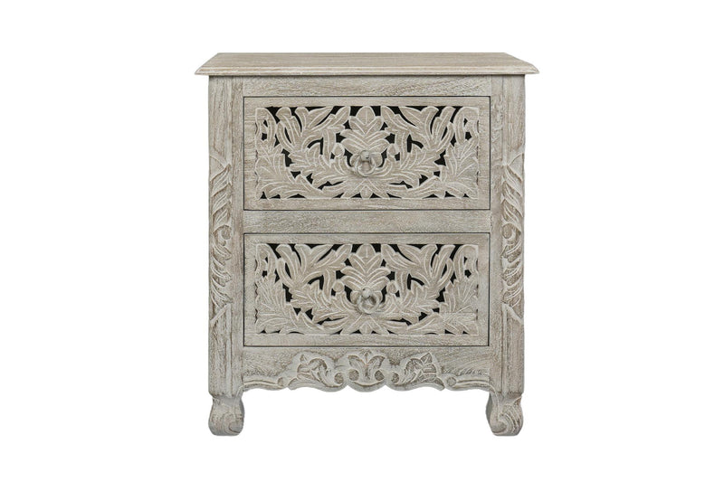 Square distressed gray nightstand with carved floral detailing on two drawer fronts.