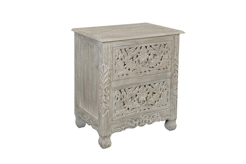 Distressed gray wooden nightstand with carved drawer fronts and curved cabriole feet.