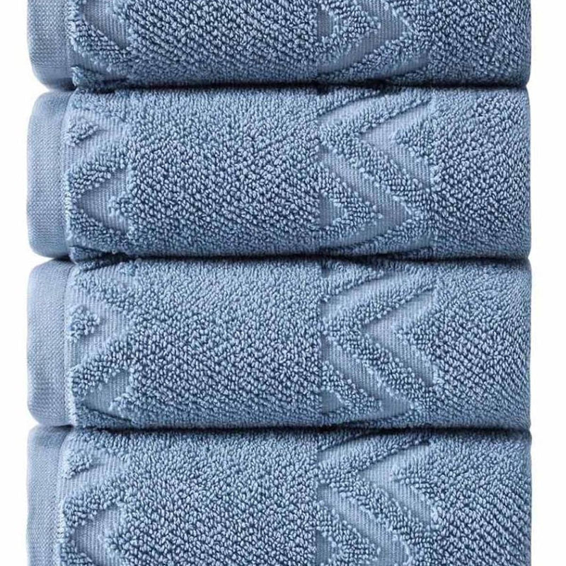 Close-up of blue Turkish cotton hand towel stack with geometric chevron pattern stitching