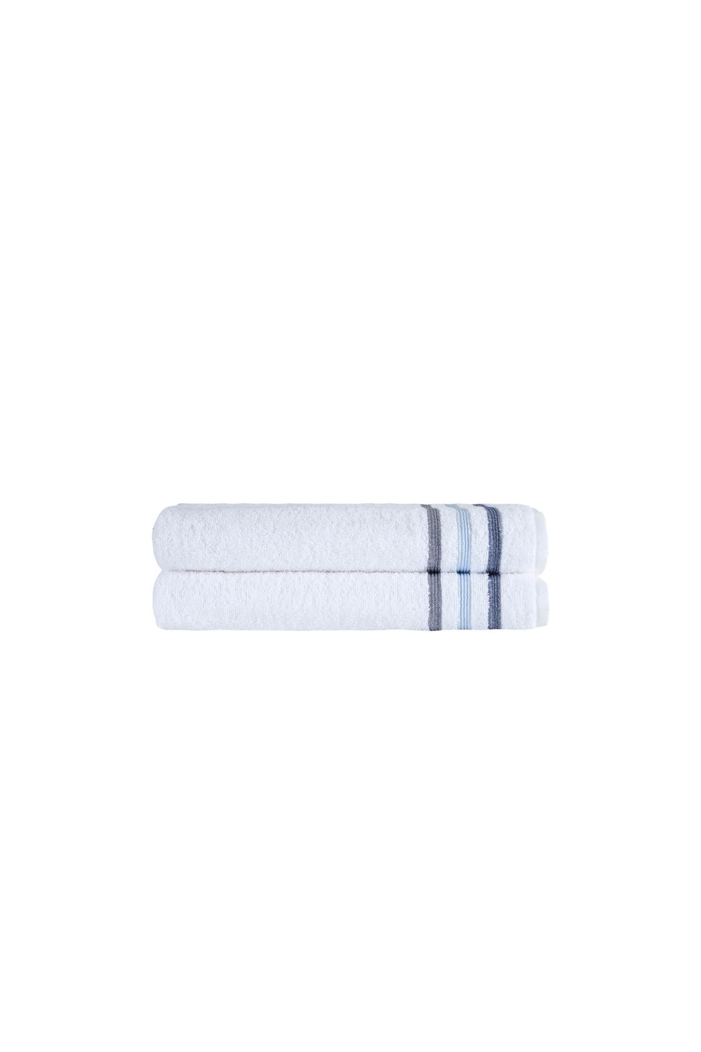 Set of two white bath towels with blue striped hems, folded stack