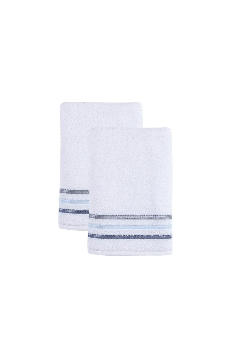 Set of two white bath towels with blue striped bands, stacked upright