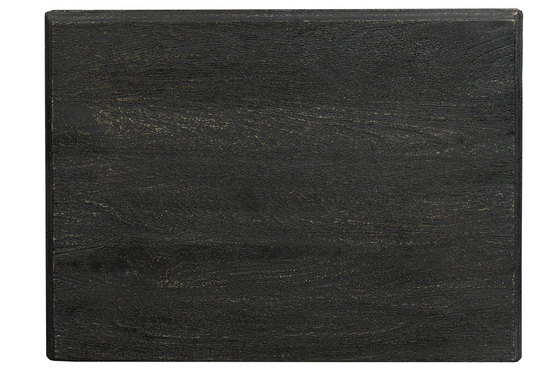 Black distressed wood tabletop with visible grain and textured finish