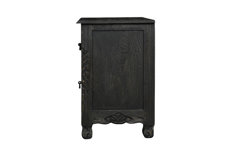 Black distressed wood nightstand with cabinet door and corner hardware