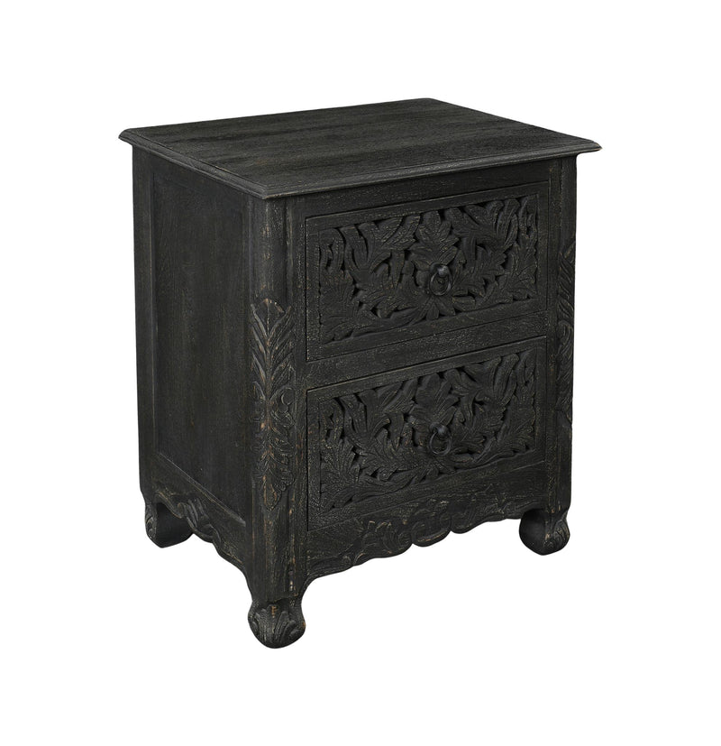 Distressed black wood nightstand with carved floral drawer fronts and curved feet