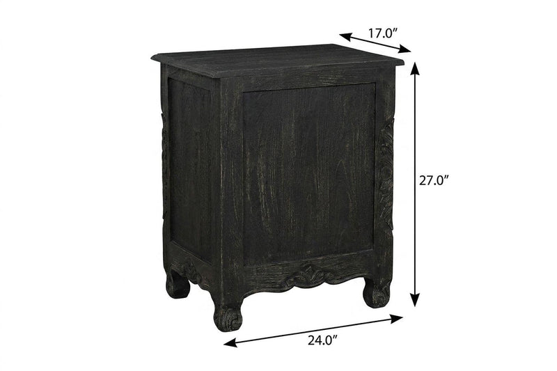 Black distressed wood nightstand with two drawers, corner posts, and rounded feet