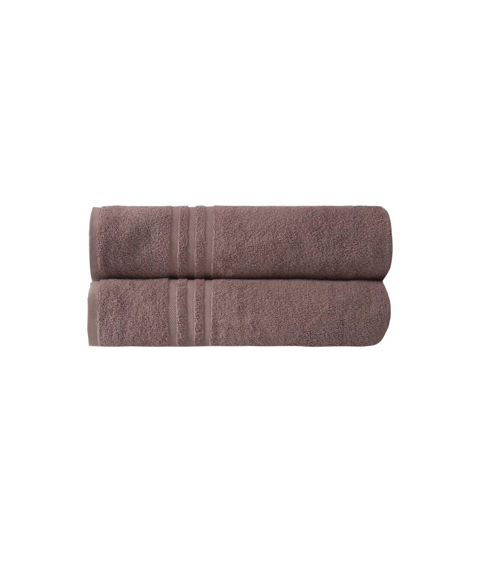 Pair of mauve bath towels folded together, with horizontal striped terry bands
