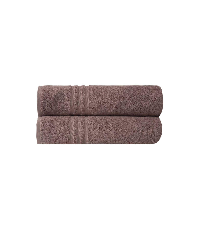 Pair of mauve bath towels folded together, with horizontal striped terry bands