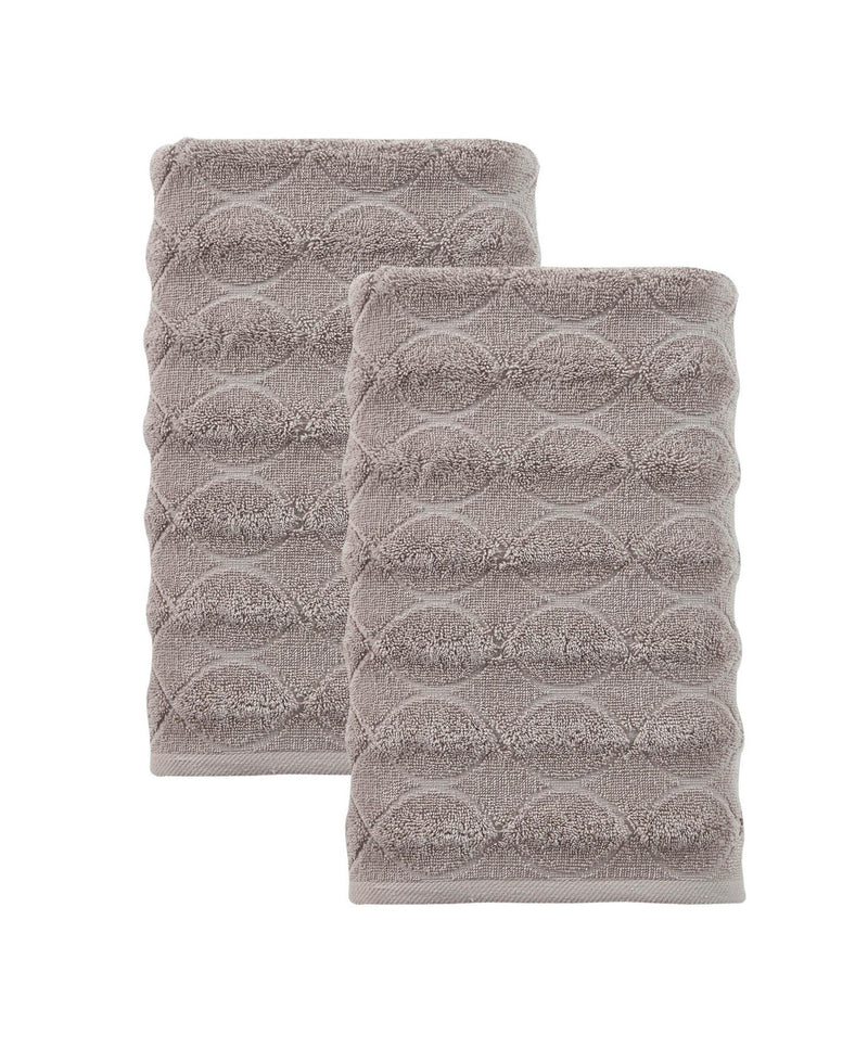 Set of two bath towels, light brown with circular geometric texture, stacked
