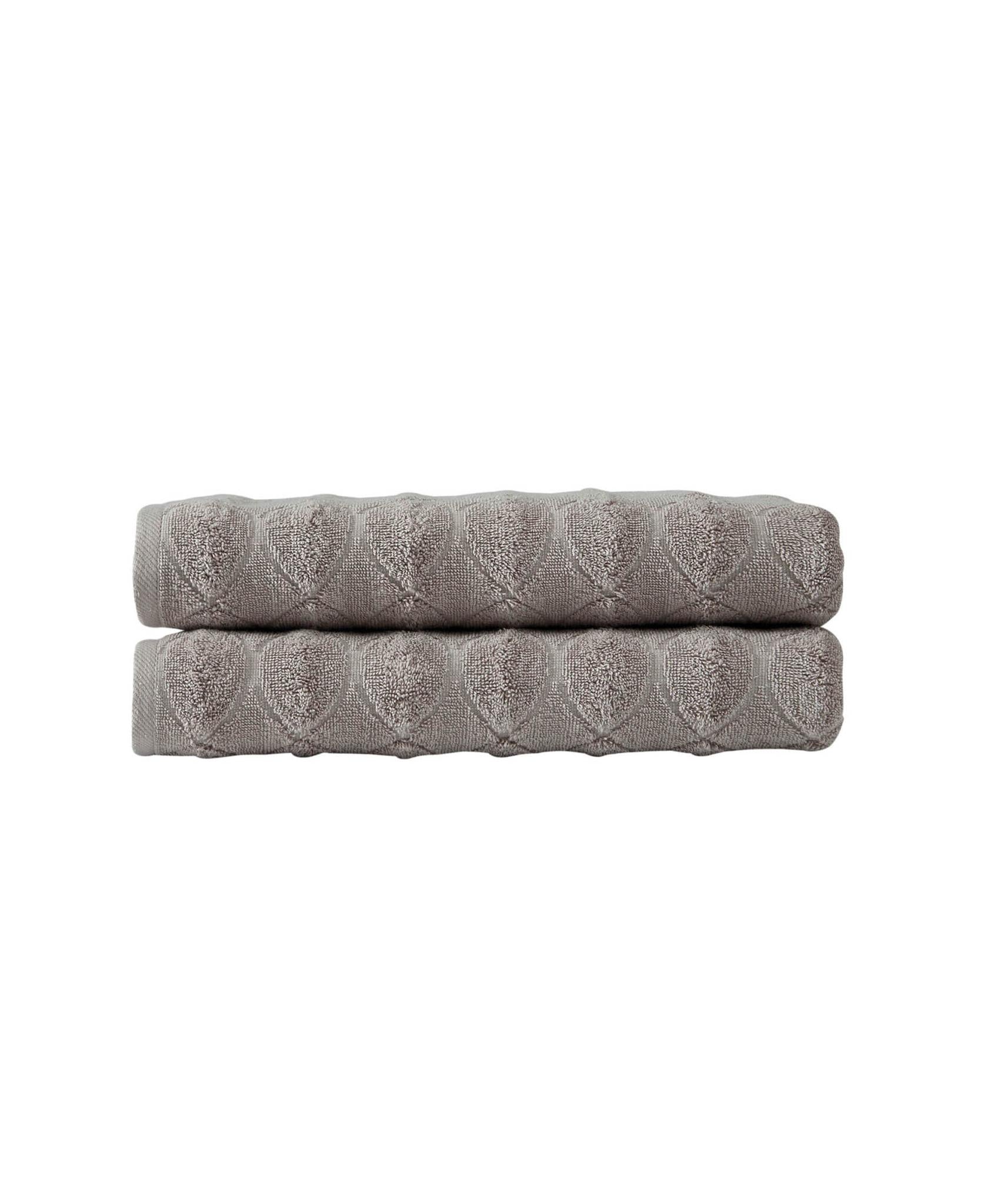 Set of two bath towels, light brown geometric Turkish cotton design, stacked