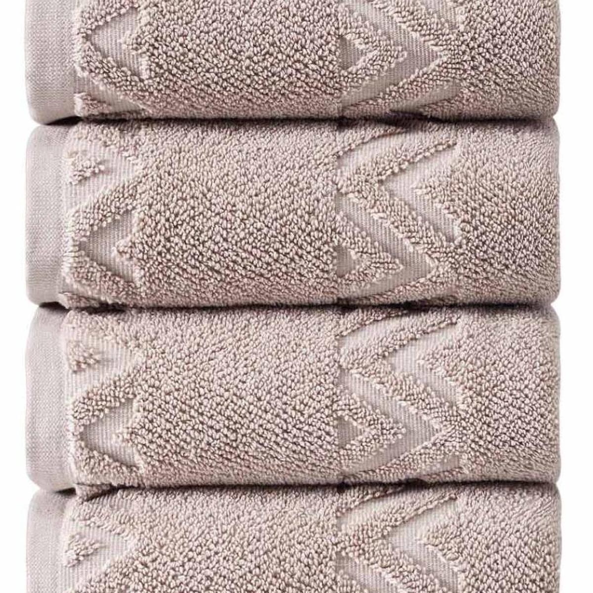 Set of four Turkish cotton hand towels, light taupe with textured chevron diamond weave