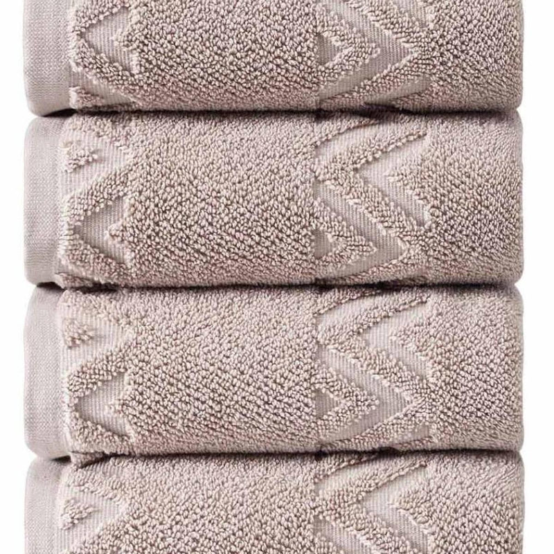Set of four Turkish cotton hand towels, light taupe with textured chevron diamond weave