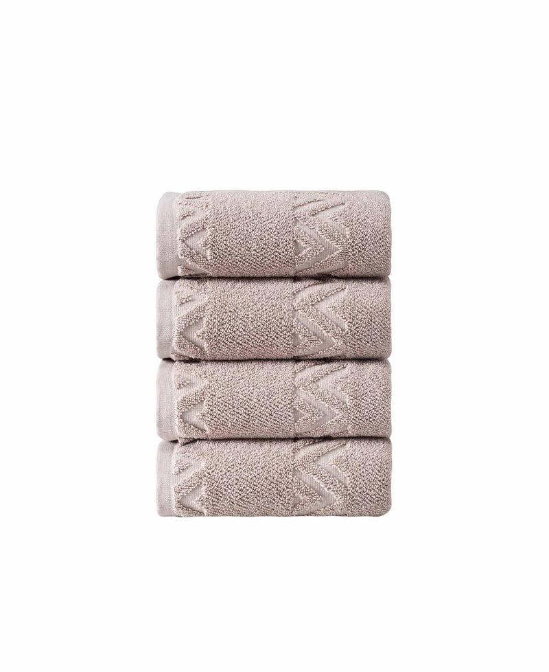 Set of four folded hand towels, light taupe with woven geometric zigzag pattern