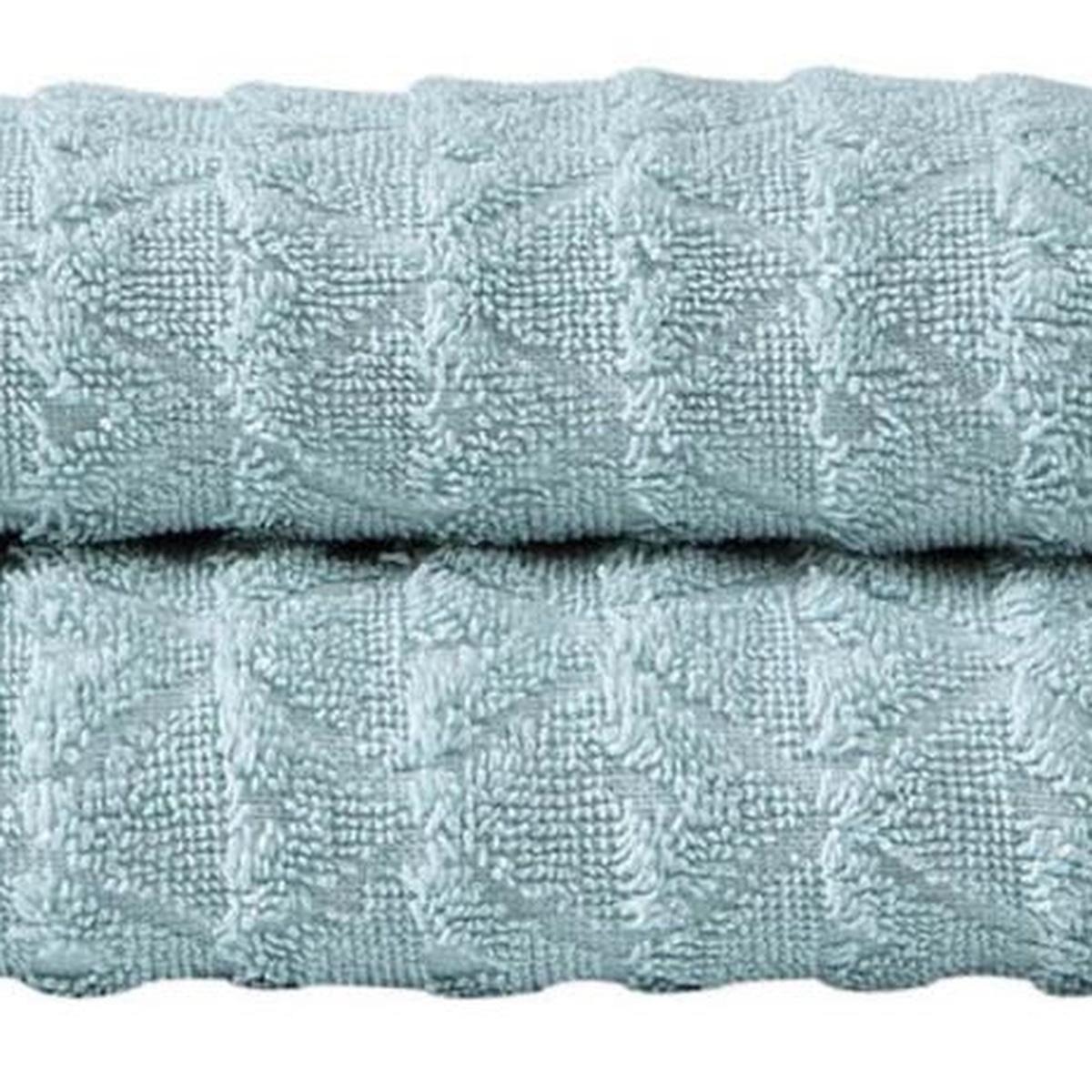 Set of two aqua Turkish hand towels, textured geometric weave, folded.
