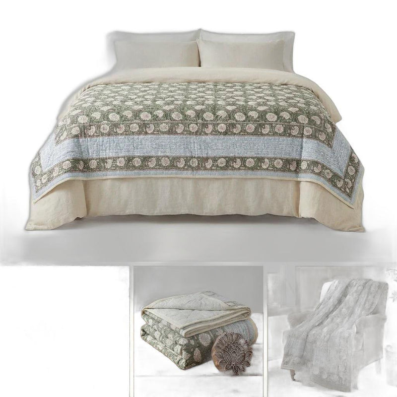 Green and cream floral cotton comforter with matching folded bedding set