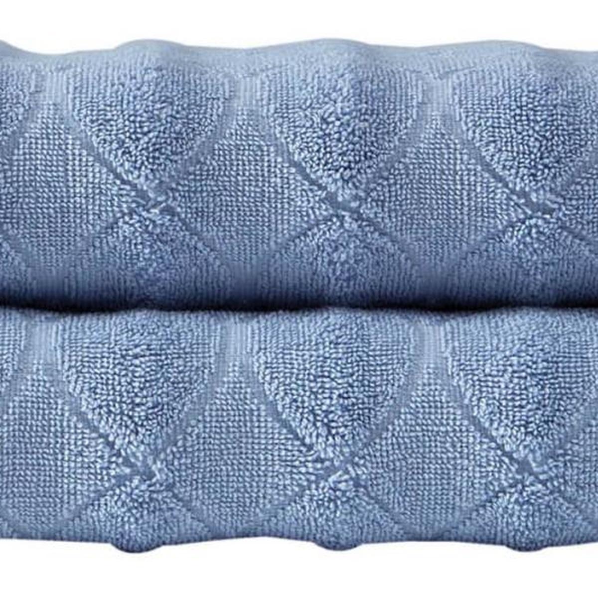 Navy blue Turkish cotton bath towels, geometric pattern, folded pair