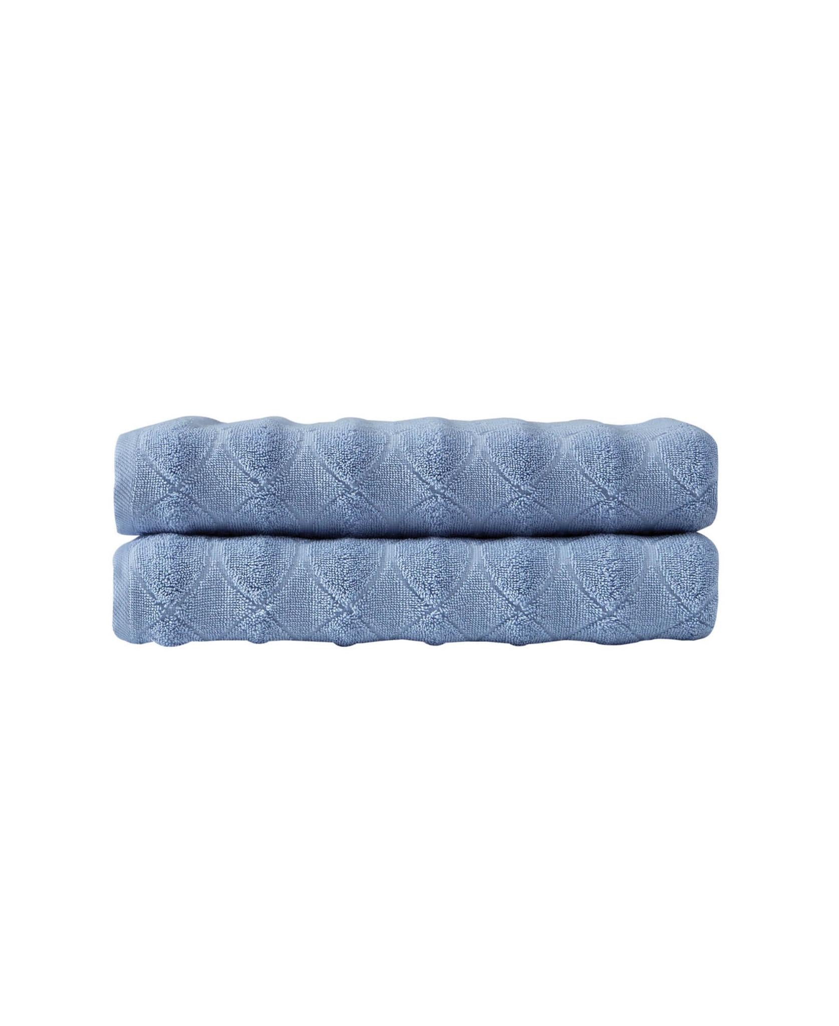 Navy blue Turkish cotton bath towels set, diamond geometric pattern, two folded