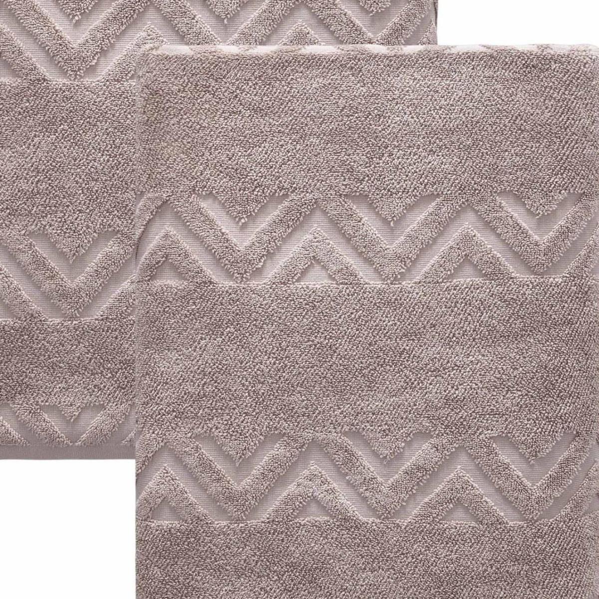 Set of two taupe Turkish cotton bath sheets with white zigzag pattern border